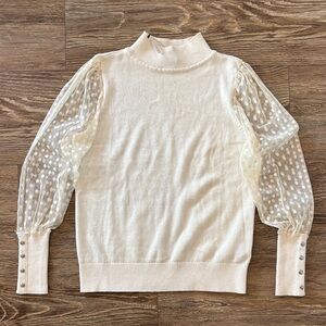 Talbots Ivory Tulle Dot Sleeve Mockneck Pullover Women's Size Medium Petite NWT